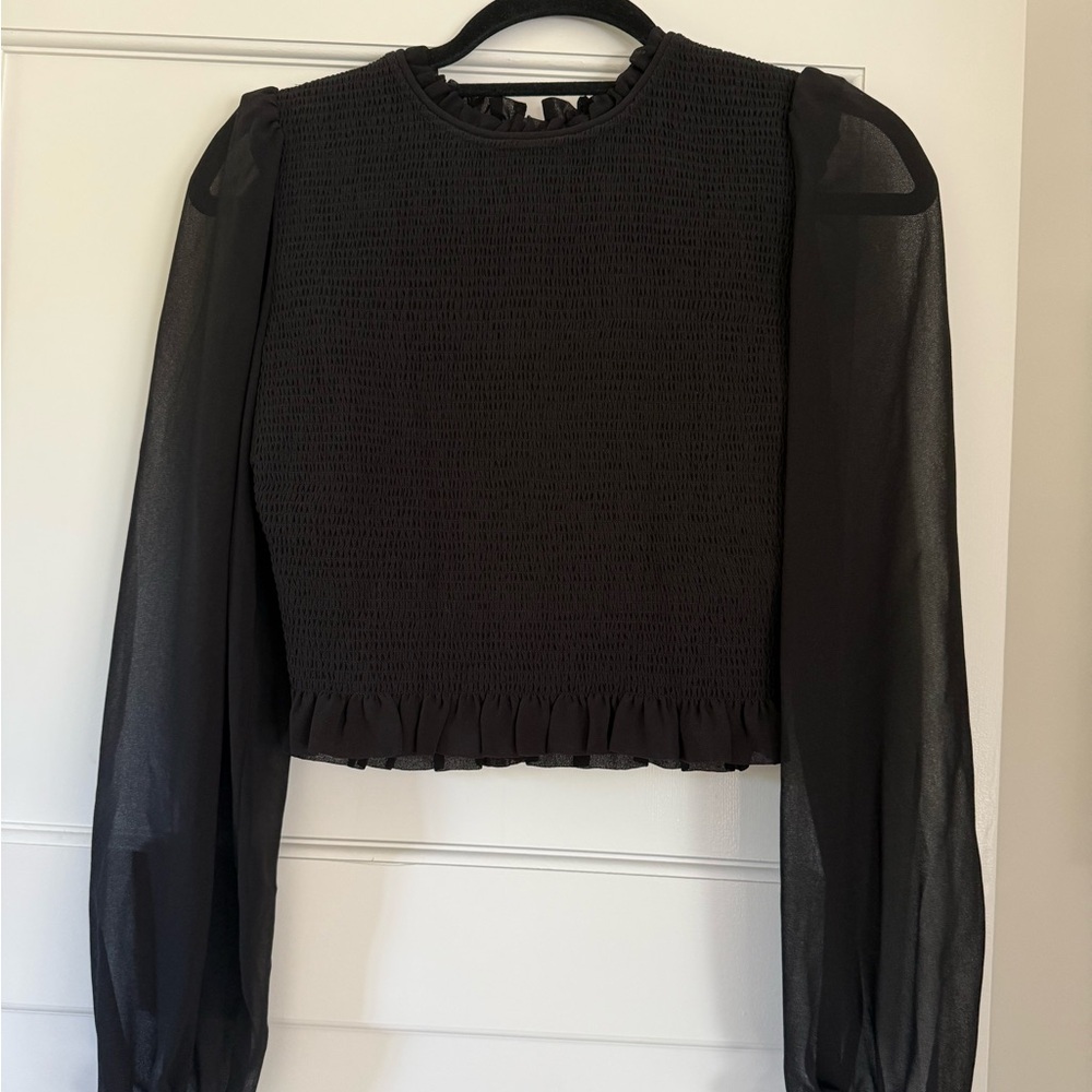 Wilfred Black Smocked Blouse with Sheer Puff Sleeves